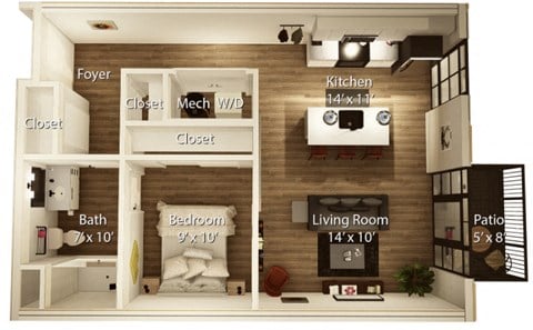 Floor plan for 1 bed, 1 bath, 692 sqft